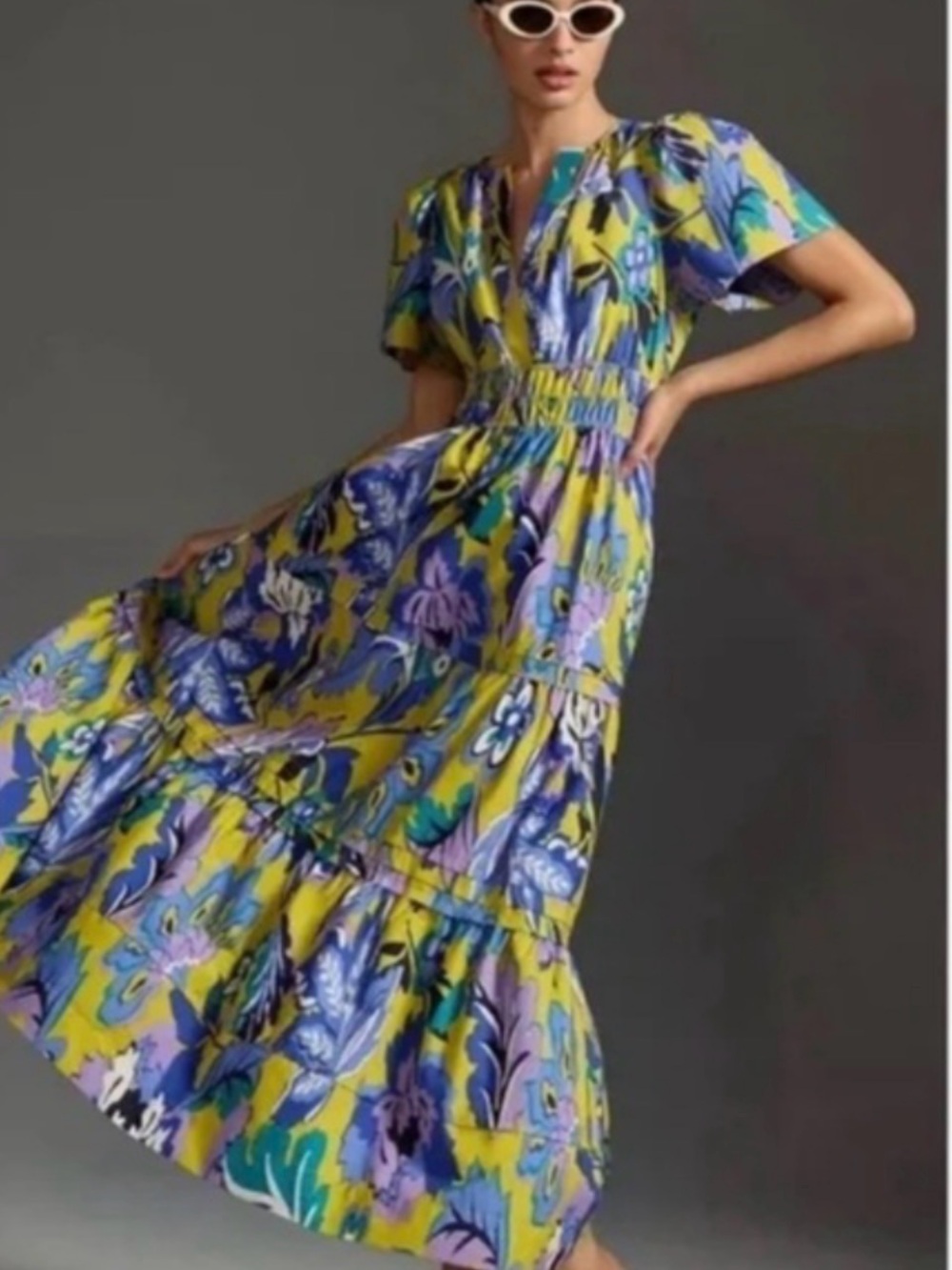 Anthropologie Yellow and Purple Floral Tiered Maxi Dress